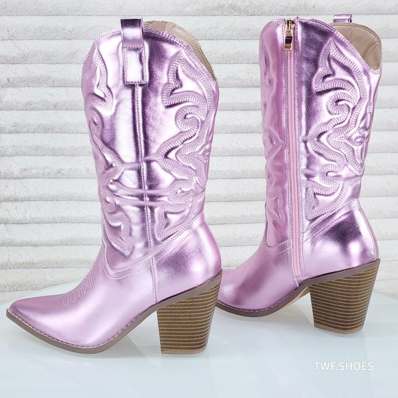 Electric Mid Calf Cowboy Baby Pink Brush Metallic Matte Western Cowgirl Boots - Picture 8 of 13